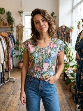 Vintage 90s Crop Top Caribbean Floral Button-Front Fairycore Grannychic Romantic